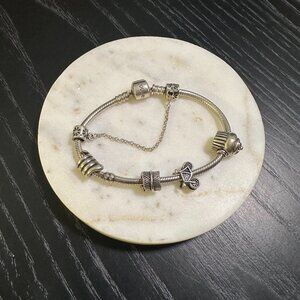 925 Sterling Silver Bracelet With Safety Chain Charm and 4 CHARMS